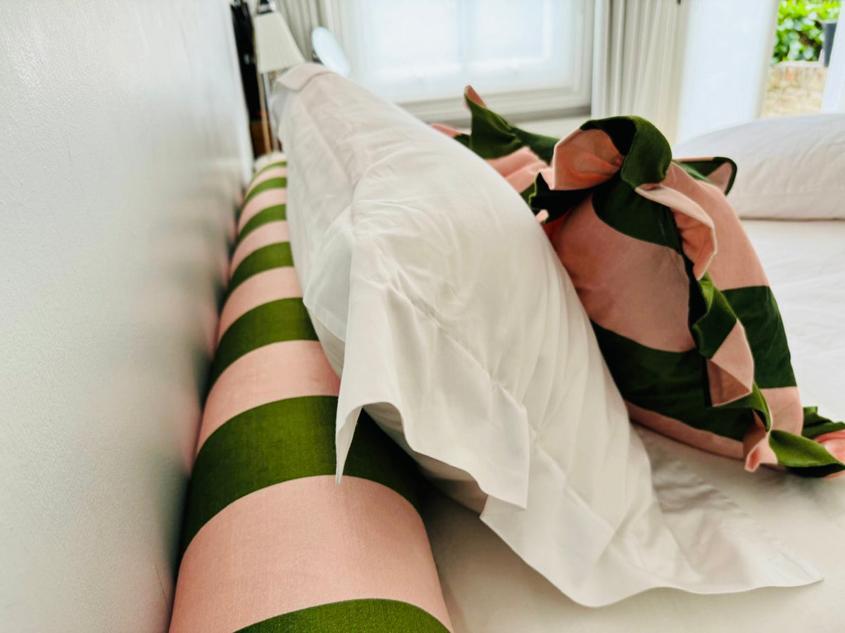 Handmade Pink and Green Bolster and Ruffled Cushions - All Bespoke Pieces Are Priced on Request