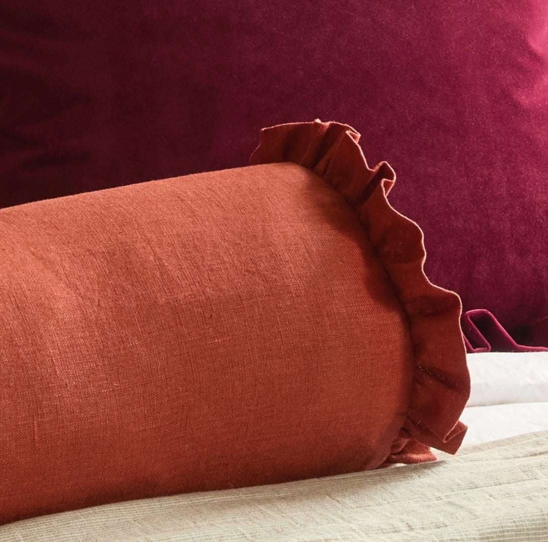 Handmade Linen Ruffled Bolster Cushion | Rust & Mustard
