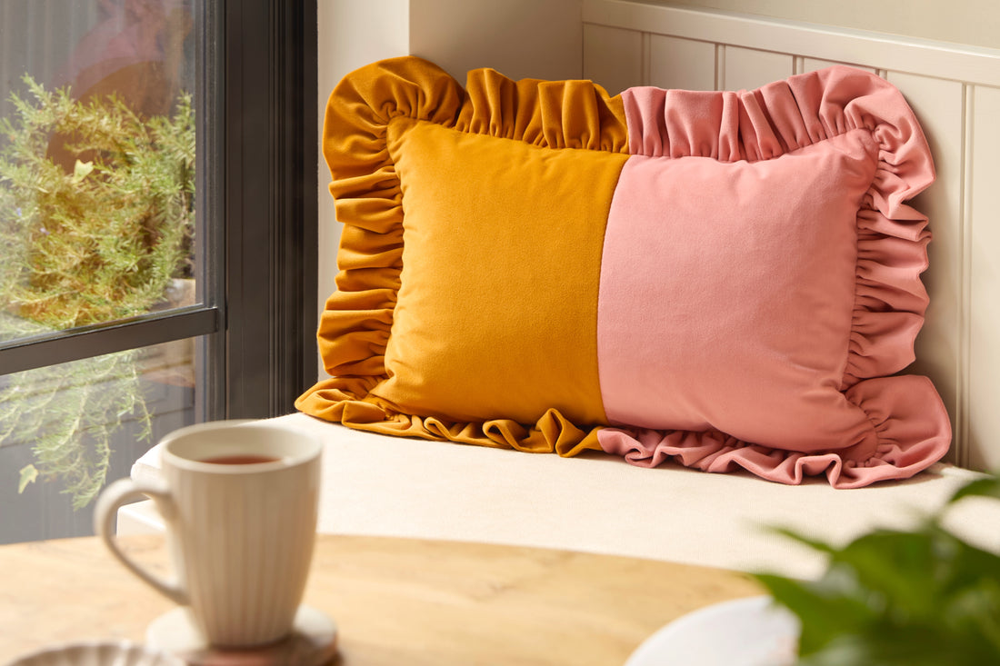 Handmade Two-Tone Velvet Ruffle Cushion - Lumbar Shape