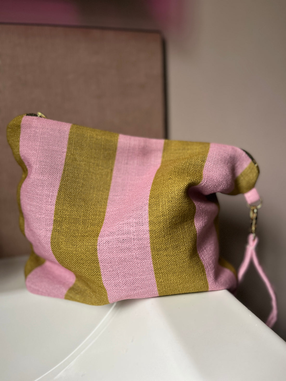 Handmade Stripe Pouch | Waterproof Makeup & Travel Bag | Pink And Olive