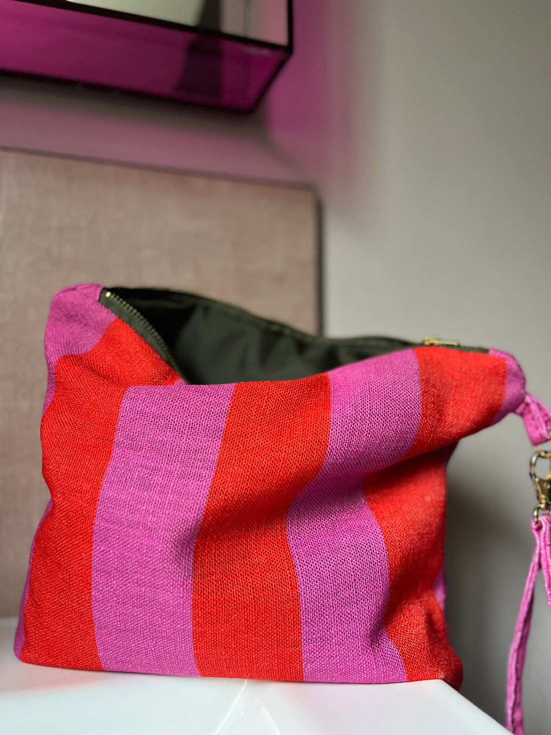 Handmade Stripe Pouch | Waterproof Makeup & Travel Bag | Pink & Red
