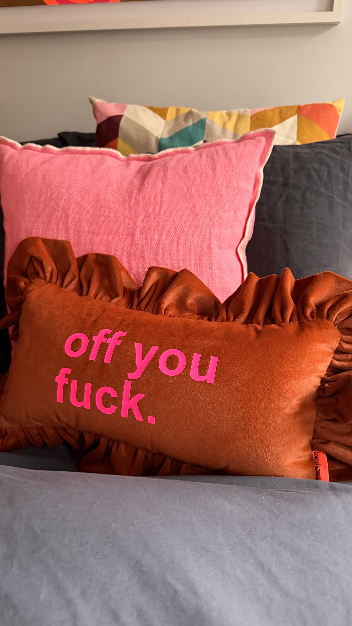 Handmade Personalised Ruffled Velvet Cushion | Rust | Custom Text
