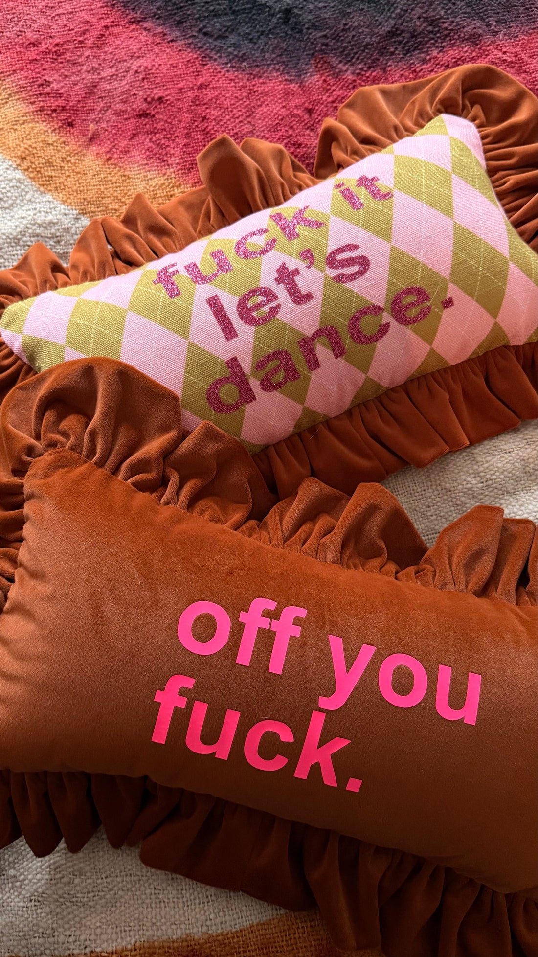 OFF YOU FUCK SMALL RECTANGLE RUFFLE CUSHION