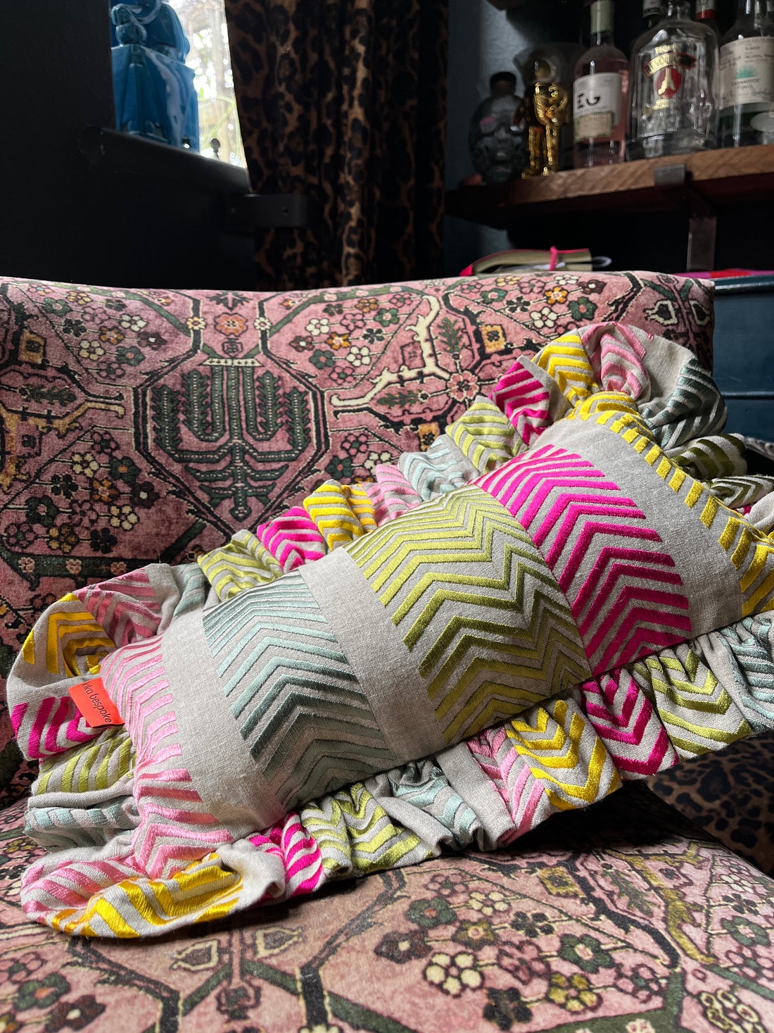 LINEN RAINBOW STITCH RUFFLE MINI CUSHION