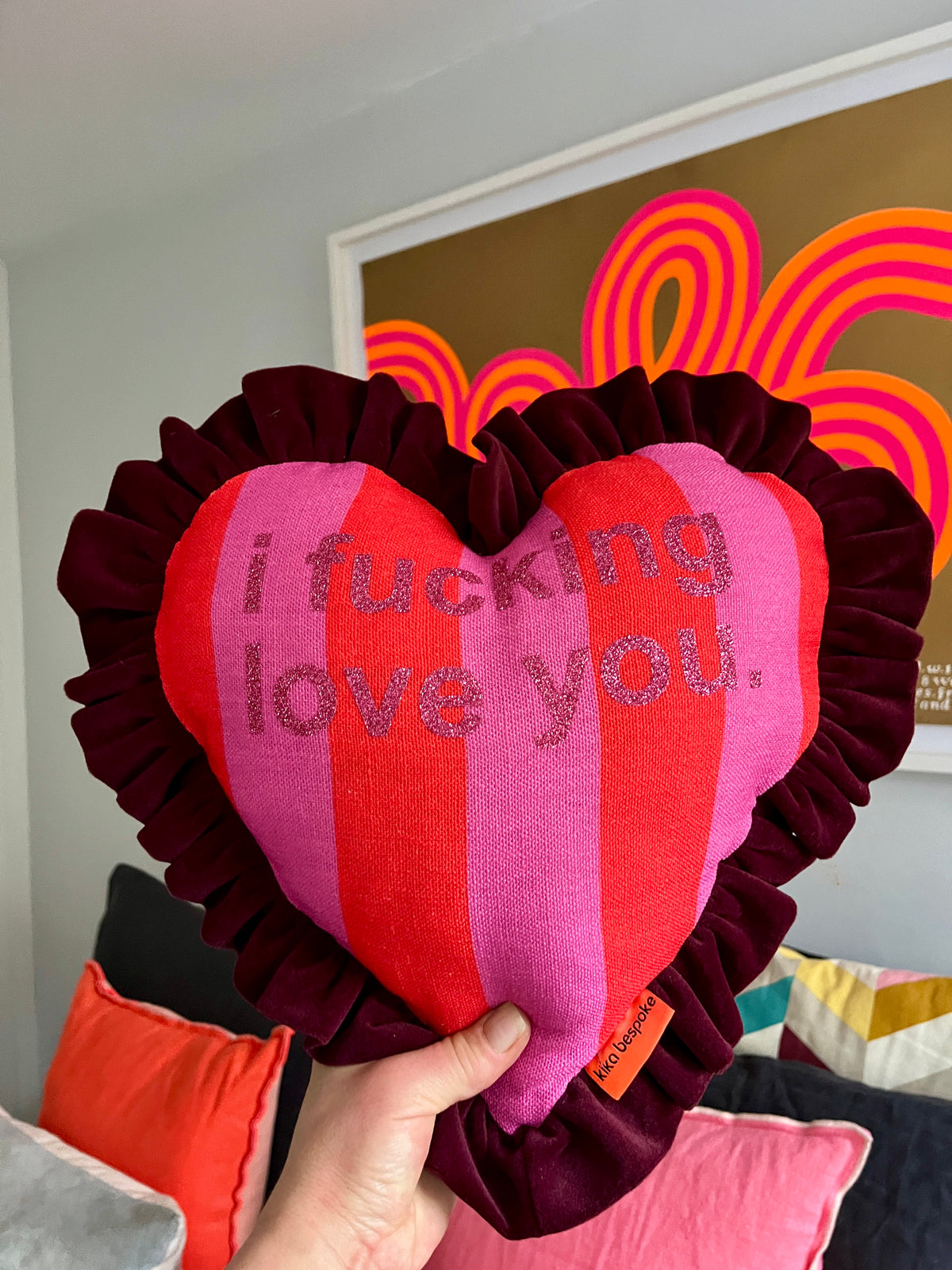 Handmade Heart Shaped Ruffle Cushion | Personalised | Pink and Red Stripe & Burgundy Velvet