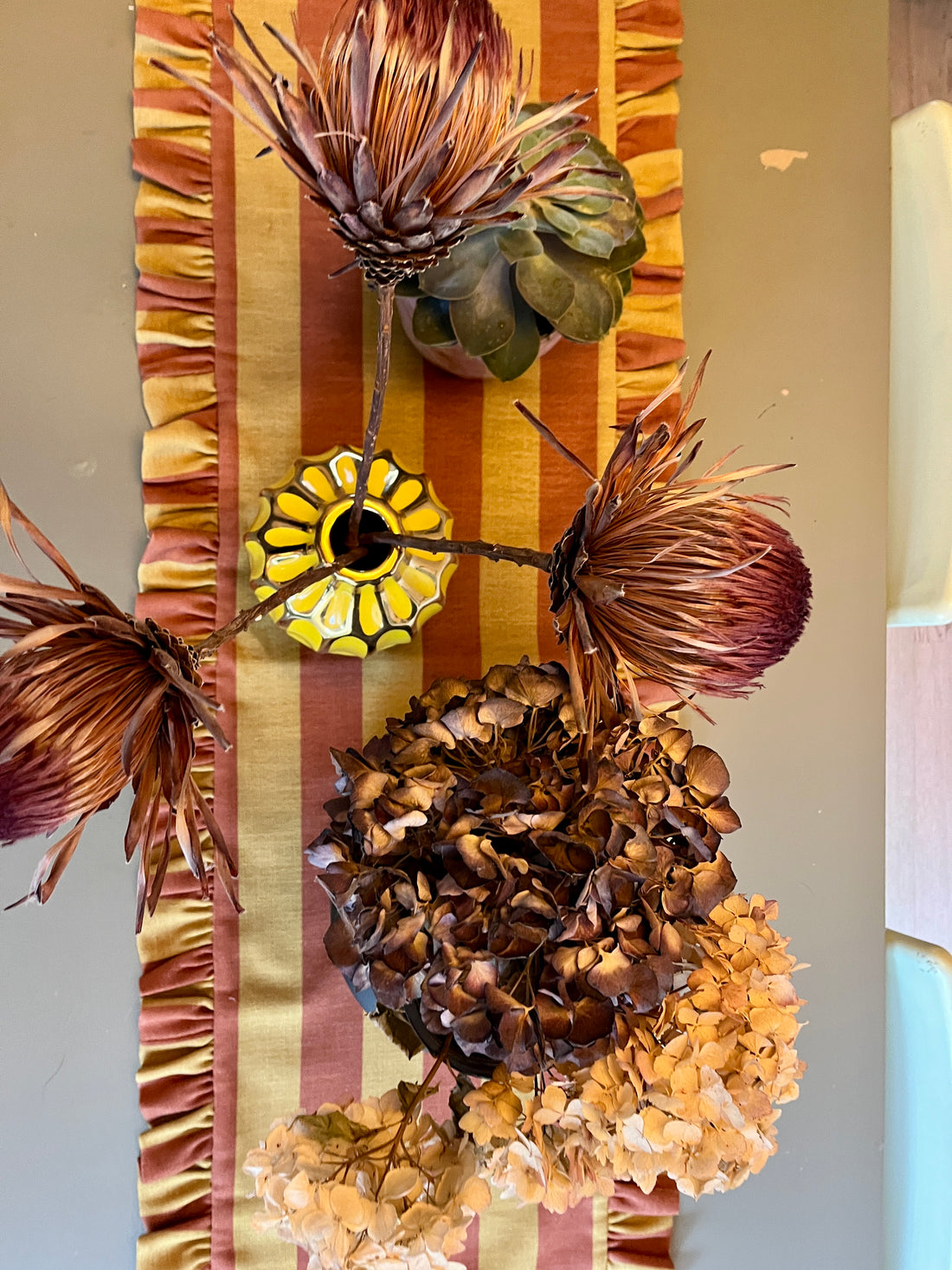 Handmade Ruffled Table Runner - Rust & Mustard Stripe