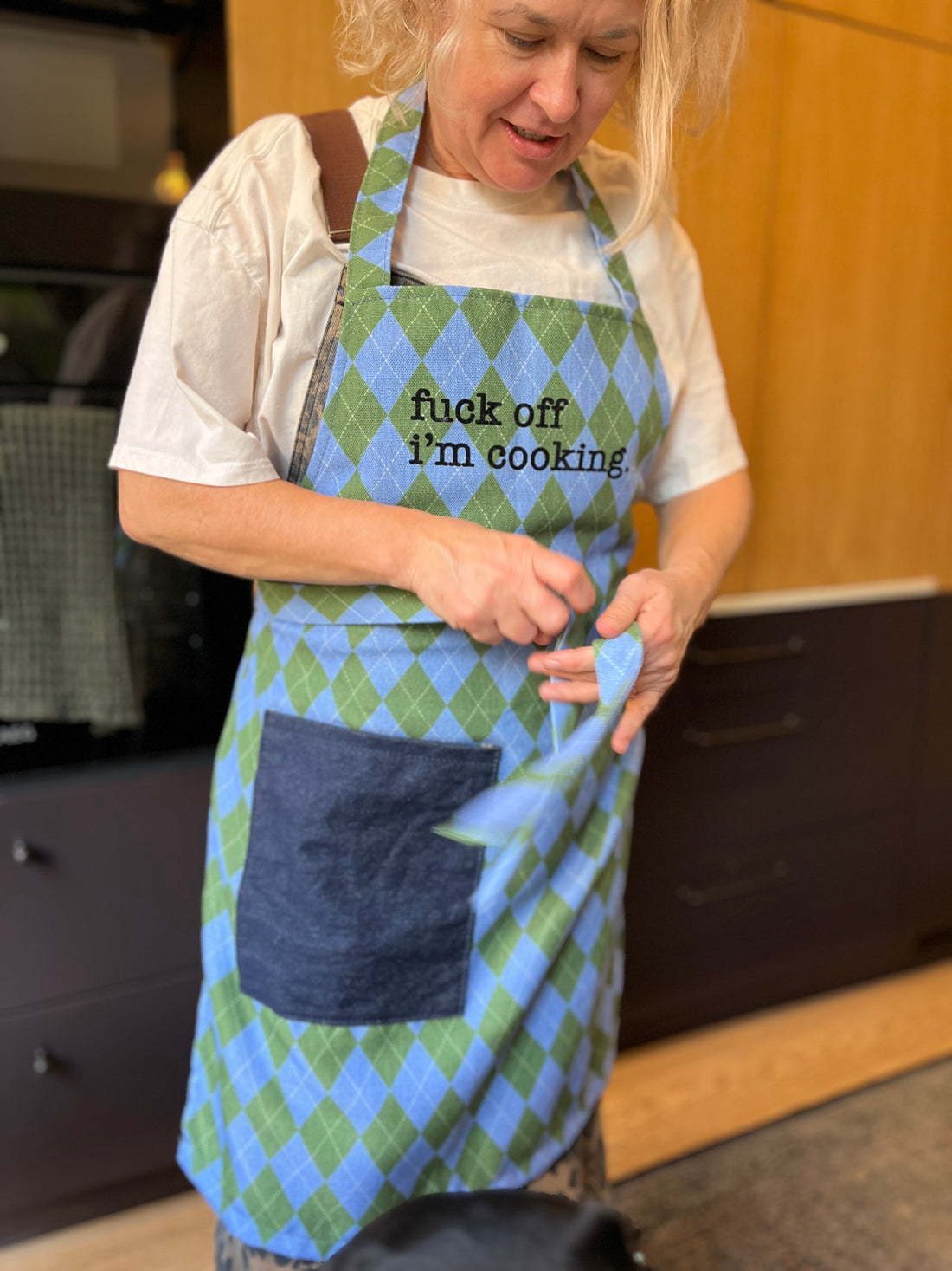 BLUE & GREEN ARGYLE APRON / DENIM POCKET WITH CUSTOM TEXT 'FUCK OFF I'M COOKING'