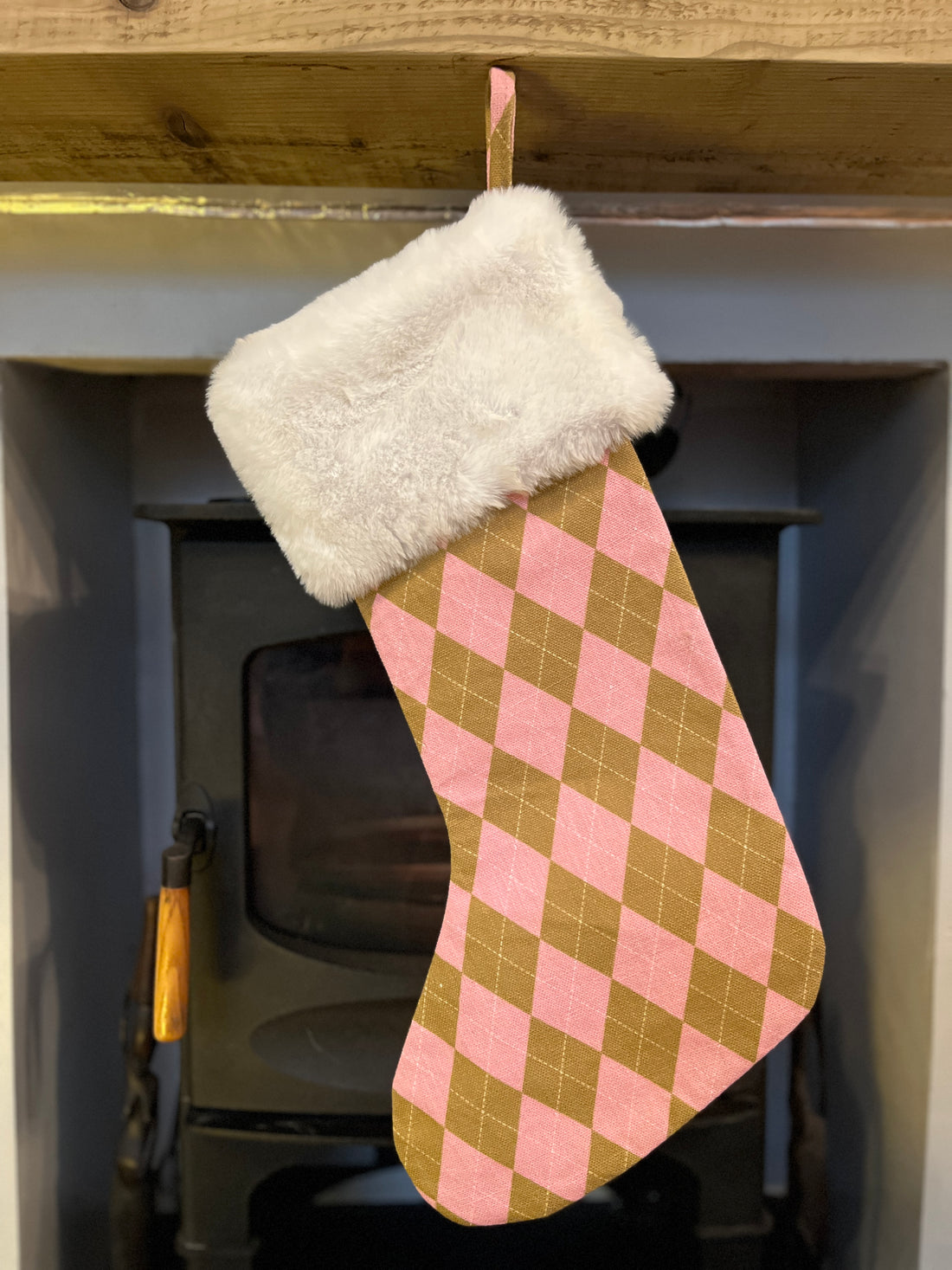 Pink & Olive Argyle Christmas Stocking with Luxury Fur Cuff