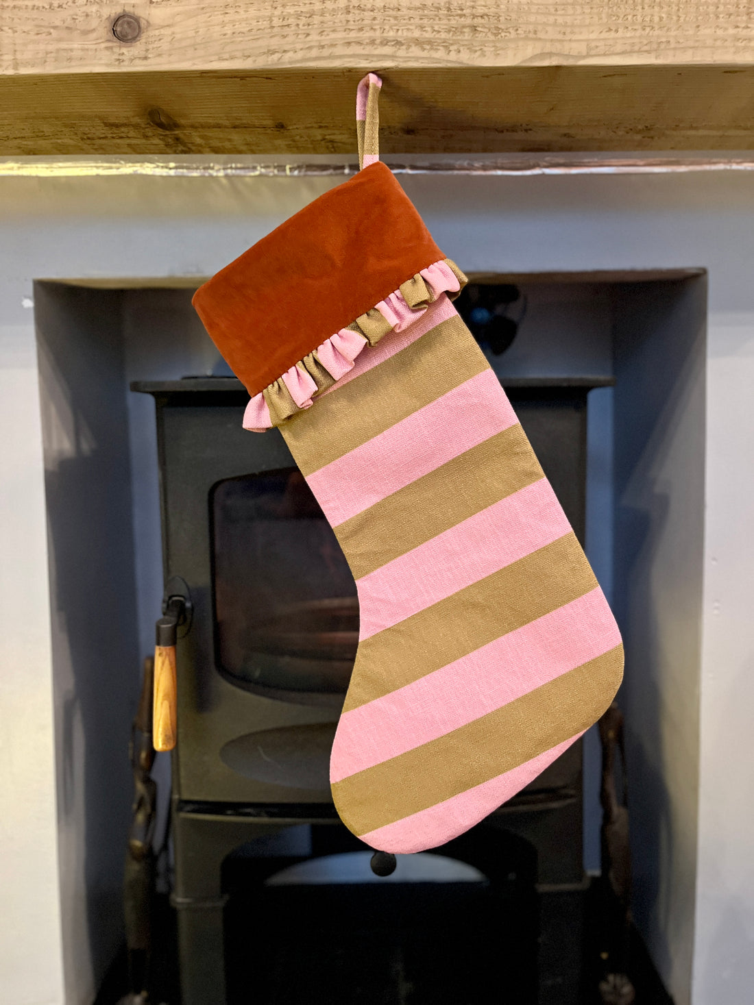 Pink & Olive Stripe & Rust Velvet Ruffled Christmas Stocking
