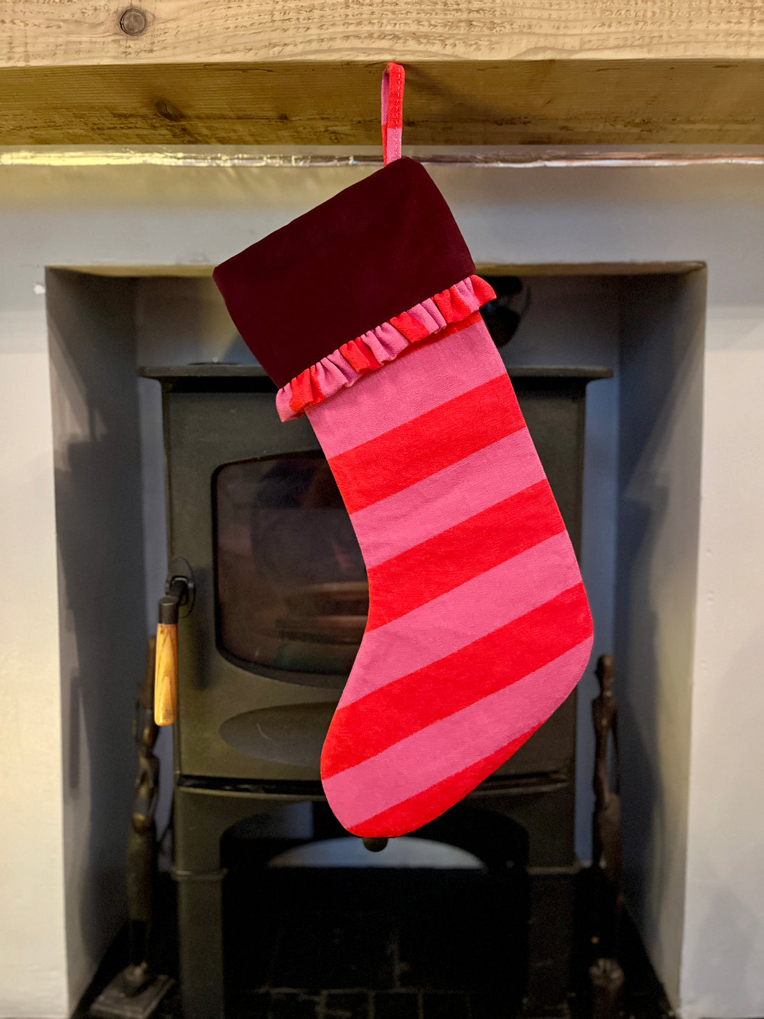 Red & Pink Stripe & Burgundy Velvet Ruffled Christmas Stocking