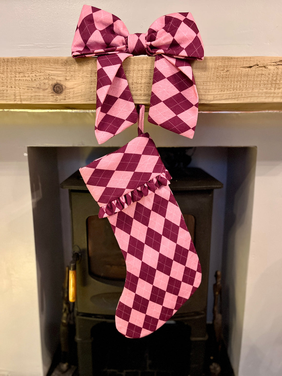 Pink & Burgundy Argyle Ruffled Christmas Stocking