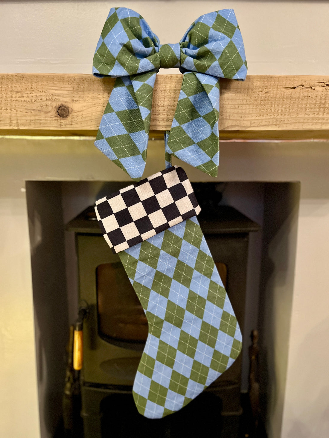 Blue & Green Argyle Christmas Stocking with Black and White Checkerboard Cuff