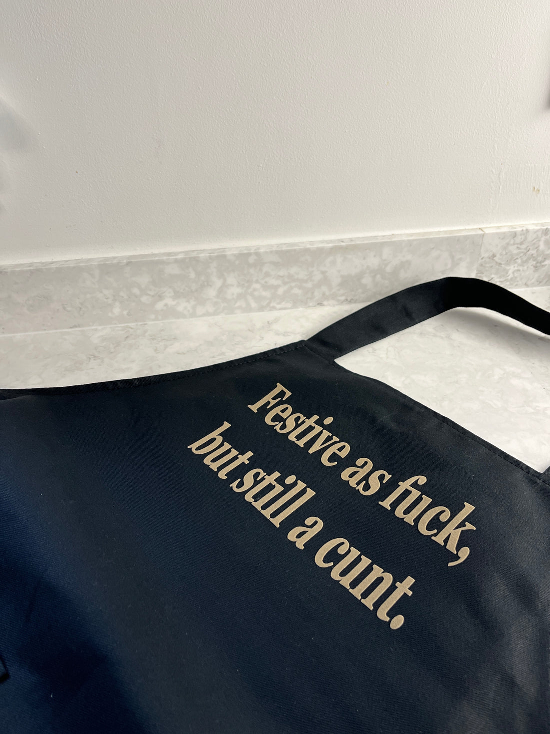 BLACK COTTON HOLIDAY APRON WITH CUSTOM SLOGAN 'FESTIVE AS FUCK'