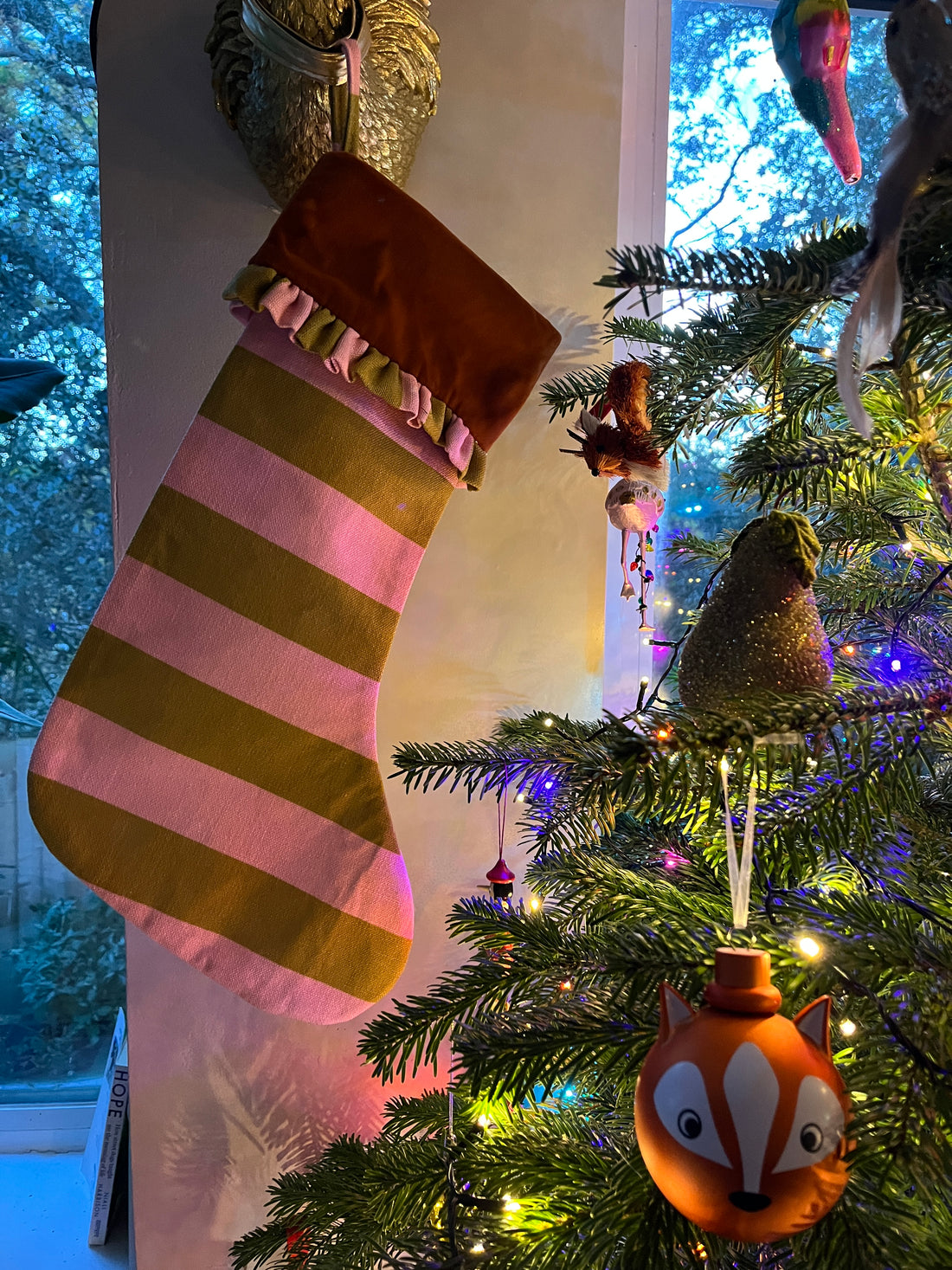 Pink & Olive Stripe & Rust Velvet Ruffled Christmas Stocking