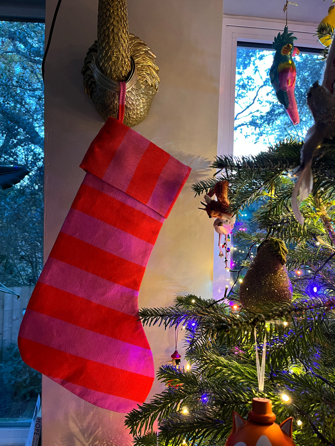 Red & Pink Stripe & Burgundy Velvet Ruffled Christmas Stocking