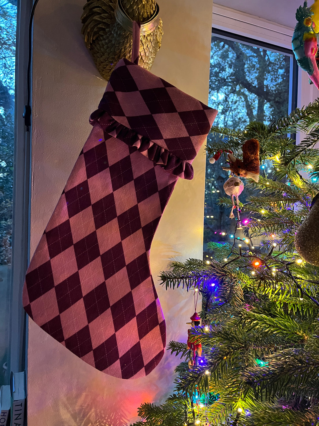 Pink & Burgundy Argyle Ruffled Christmas Stocking
