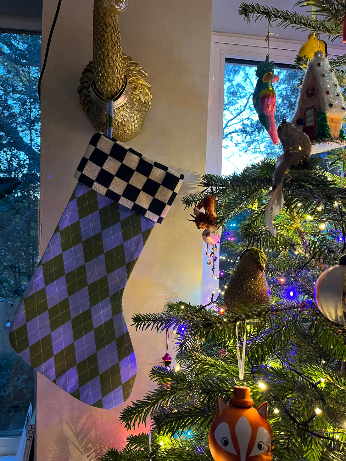 Blue & Green Argyle Christmas Stocking with Black and White Checkerboard Cuff