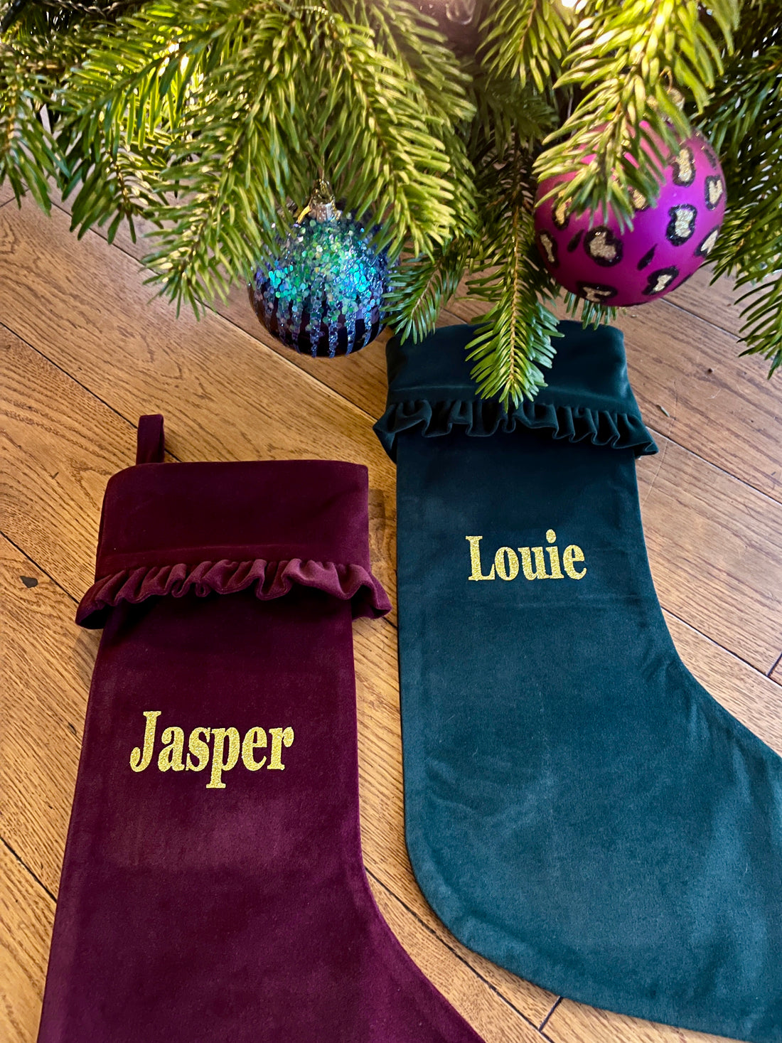 Luxury Forest Green Velvet Stocking with Ruffle & Gold Personalisation