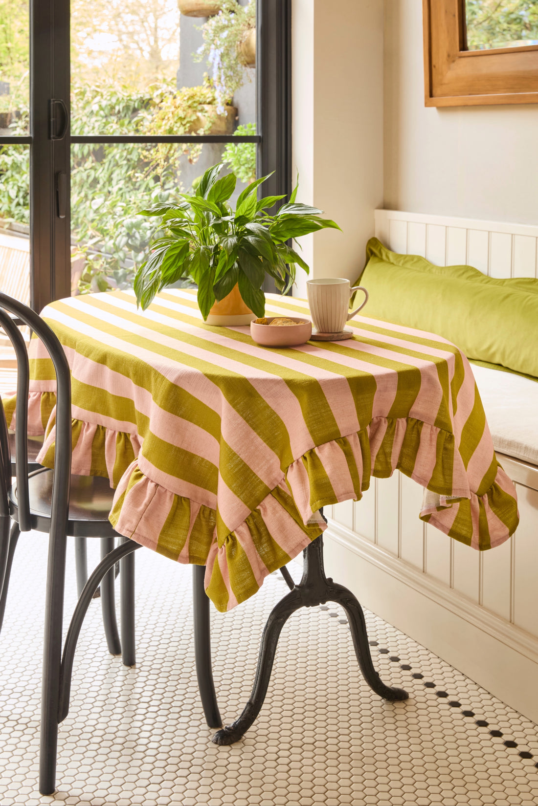 Handmade Stripe Ruffled Tablecloth | Pink & Olive