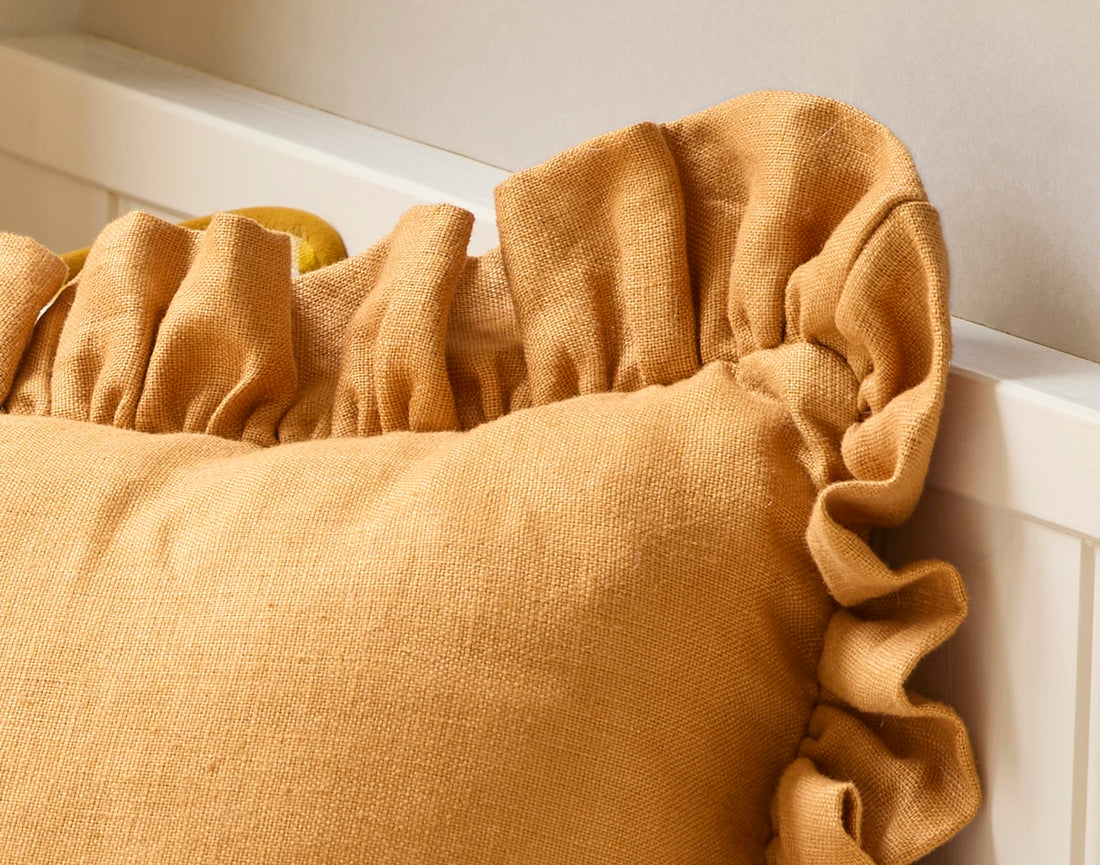 Handmade Linen Ruffle Cushion | Mustard & Rust