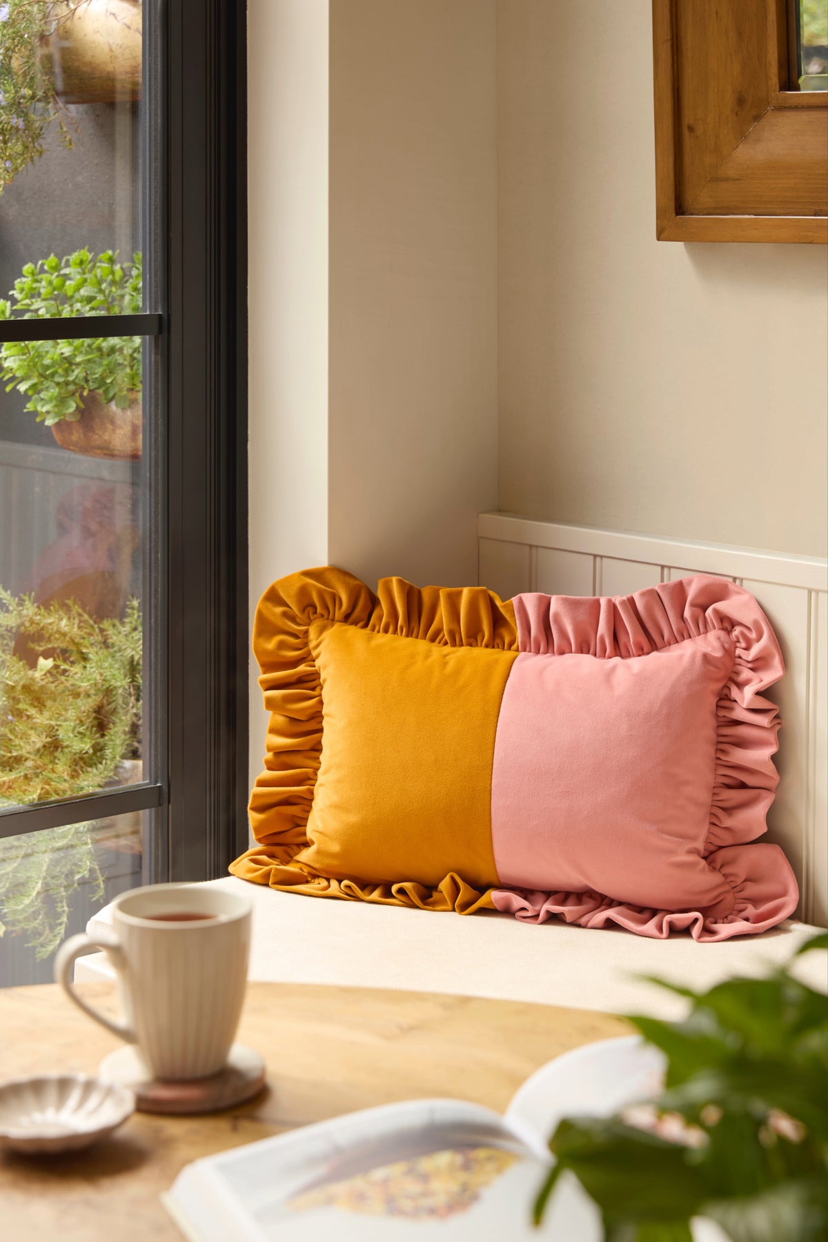 Handmade Two-Tone Velvet Ruffle Cushion - Lumbar Shape