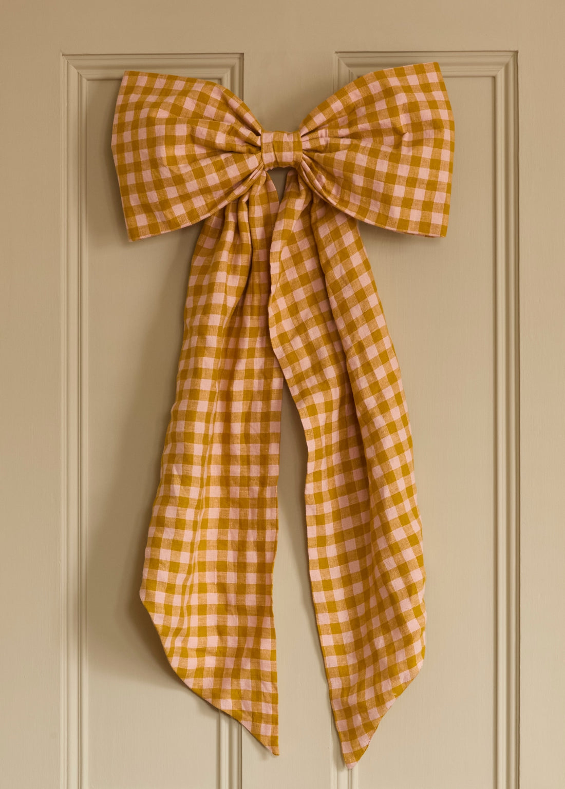 Handmade Oversized Linen Gingham Bow | Peach & Mustard