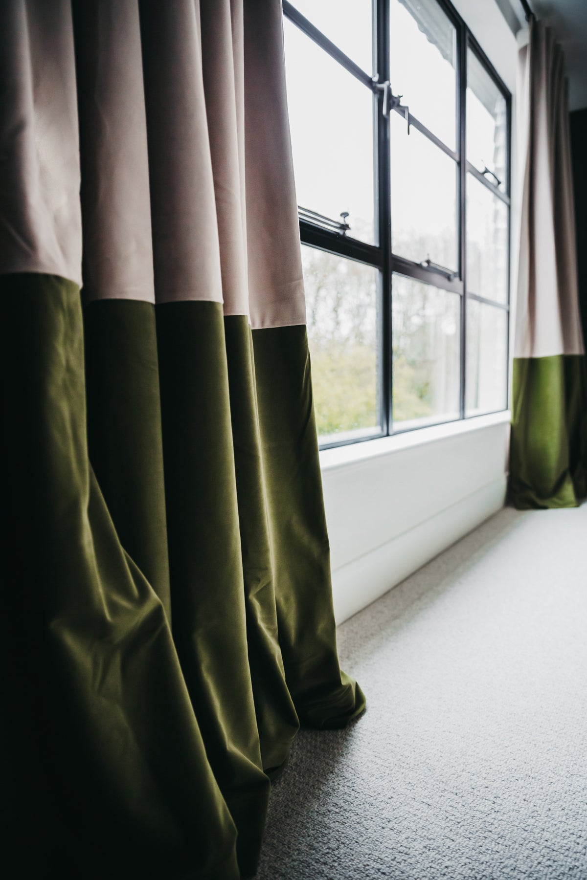 Handmade Green and Stone Colour Block Velvet Curtain - All Bespoke Pieces Are Priced on Request